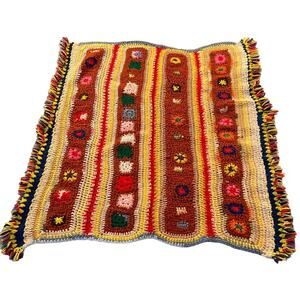 Vintage 70s Handmade Sampler Granny Afghan Crochet Blanket Throw Fringe 38x30